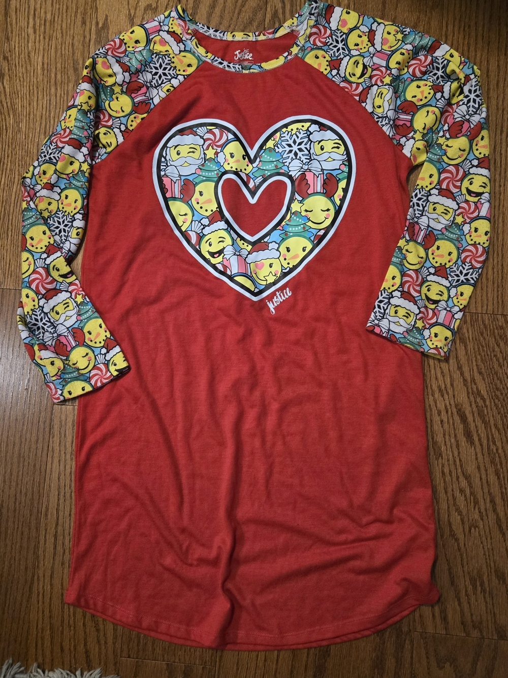 Justice Red Raglan Heart Nightgown with Emoji Print Sleeves 14/16